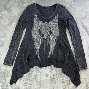 Y2K Gothic Wing Cross Embellished Asymmetrical Top Grunge Ed Hardy Style Women S